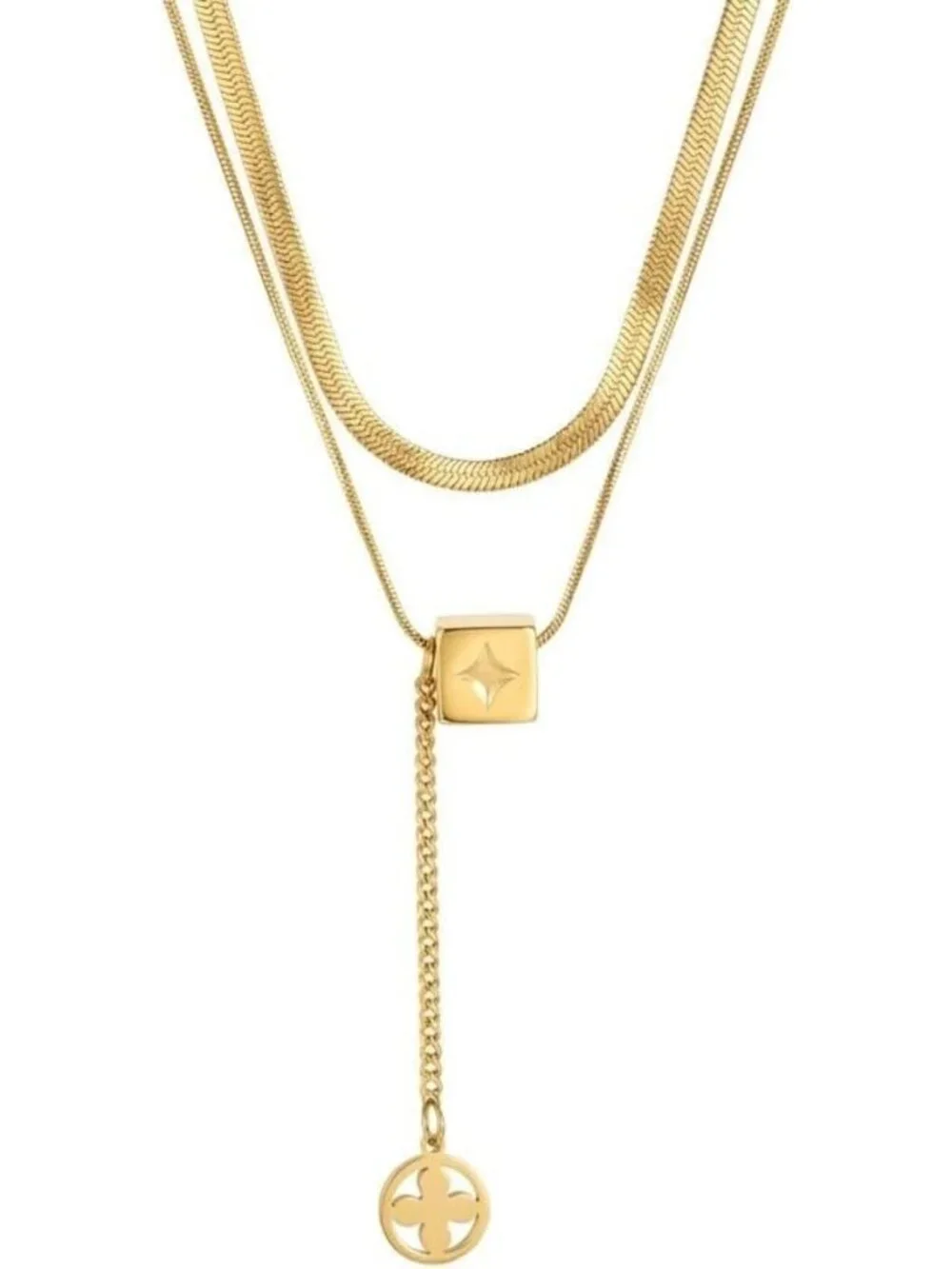 Elegant Gold Monogram Cube Pendant Necklace, Double Layer Lariat Y-Necklace, 18K